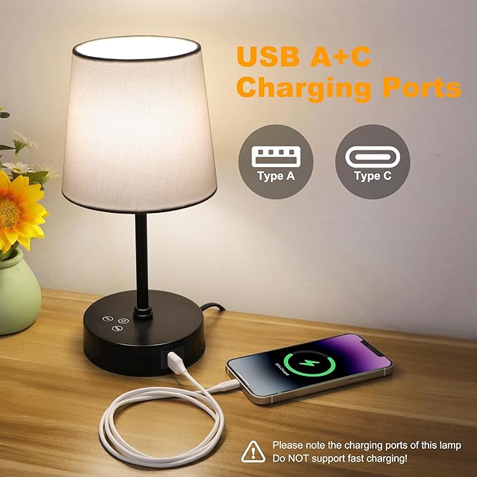 Ascher Small Bedside Table lamp, RGB Color Changing Lamps, 3 Color Temperatures, Dimmable Nightstand Lamp with USB C+A Ports, Touch Desk Lamp for Bedroom Living Room, H11.4in(White Shade)