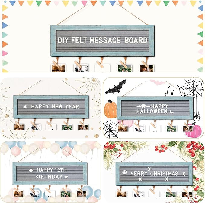 Buecasa Slotted Felt Board with 340 Letters and 30 Clips - Farmhouse Picture Frames Collage Wall Plaque - Multi Photos Cards Organizer 15.7x5 Inches (Teal)