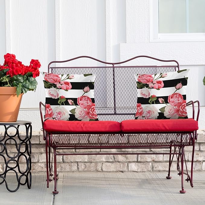 Swono Peony Roses Pillow Covers, Blossom Rose Peony Pink Decorative Pillow Case Home Sofa Cushion Set, Black White Stripes Pillow Cushion Cases for Bed/Patio/Garden/Balcony, 2-Pack, 18x18 Inch