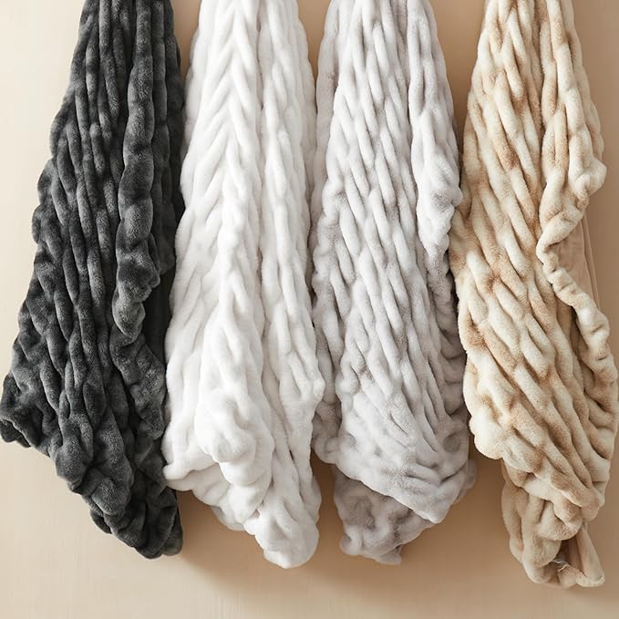 WDCOZY Ruched Faux Fur Throw Blanket Soft Cozy Fluffy Luxurious Blankets Couch Bed Sofa Chair Home Decor Warm Furry Fall Winter Plush Rabbit Fur Bubble Blanket 60" x 80", White