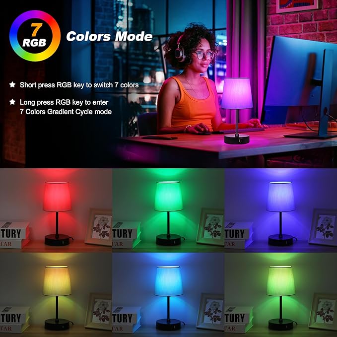 Ascher Small Bedside Table lamp Set of 2, RGB Color Changing Lamps, 3 Color Temperatures Nightstand Lamps with USB C and A Ports, Touch Dimmable Desk Lamp for Bedroom Living Room(Grey Shade)