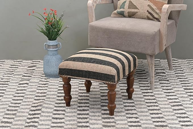 Handmade Jute Soft Ottomans Square Shape Stool for Sitting and Foot Rest with Wooden Legs, Entryway Modern Stool for Living Room, Bedroom, Hall (White, L 15.74 x W 15.74 x H 14 inch)