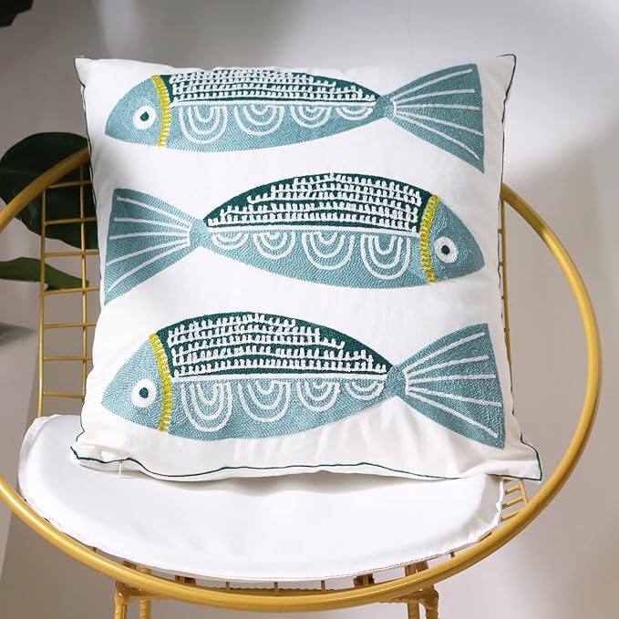1 PCS Embroidered Throw Pillow Cover Cotton Decorative Square Cushion Cases for Home Sofa Bed and Chair 18 x 18 Inch (Blue Fish)