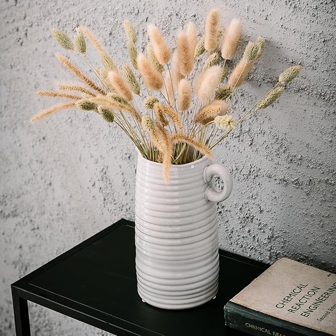 White Ceramic Vase with Small Handle, Modern Farmhouse Pitcher, Milk Jug for Home Decor, Rustic Textured Pottery, Glazed Decorative Centerpiece