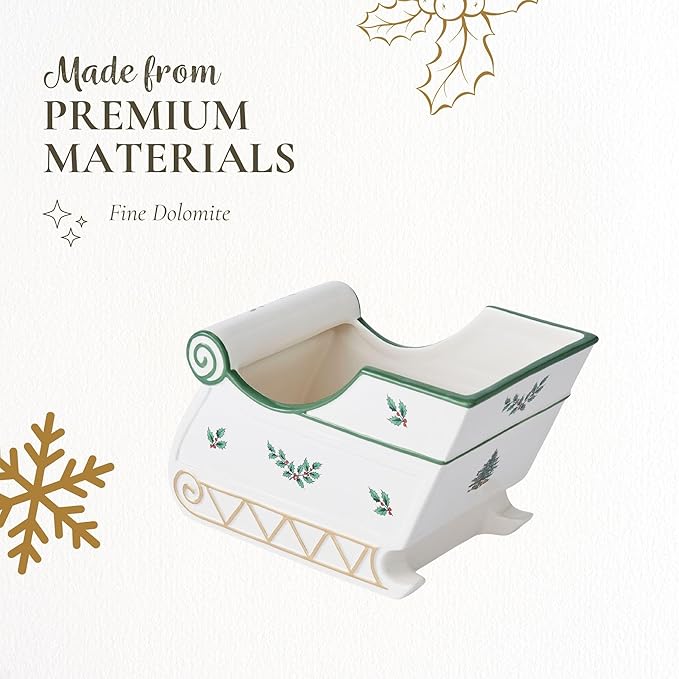 Spode Christmas Tree Figural Sleigh, 7.5" Dolomite Decorative Holiday Sleigh for Christmas Table Decor, Candy Holder, Snack Dish - Holiday Serveware & Festive Decorations
