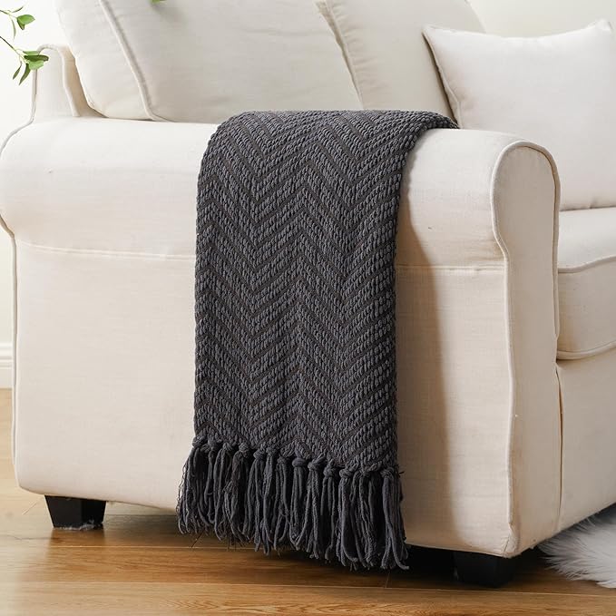 BATTILO HOME Dark Grey Throw Blanket for Couch, Knit Charcoal Throw Blanket Versatile for Chair, 50 x 60 Inch - Super Soft Warm Grey Blanket with Tassels for Bed, Sofa and Living Room