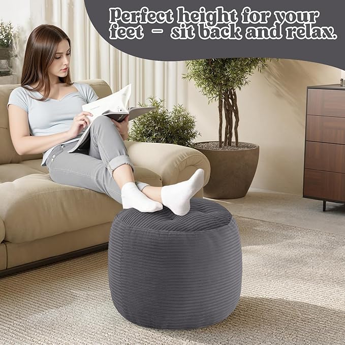 MeMoreCool Stuffed Round Pouf Ottoman Foot Rest, Floor Pouf Foot Stool with Soft Foam Chunk Filling, Round Small Ottoman Footstool Circle Footrest for Couch Living Room, Corduroy Grey