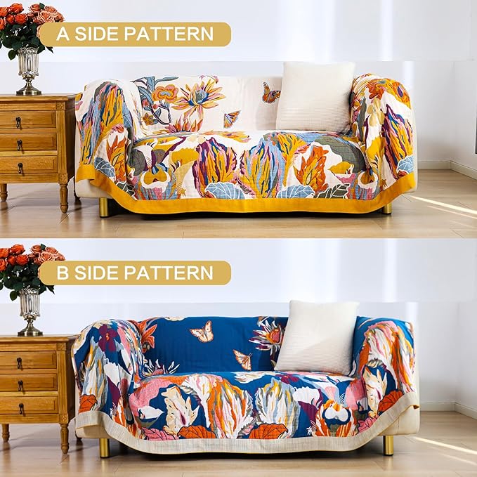 Boho Throw Blanket, 100% Organic Cotton Breathable Ultra Soft Bed Cover 50" x 60" Throw - All Season Rustic Floral Farmhouse Decor Blanket for Sofa Couch Chair and Gift-Beige