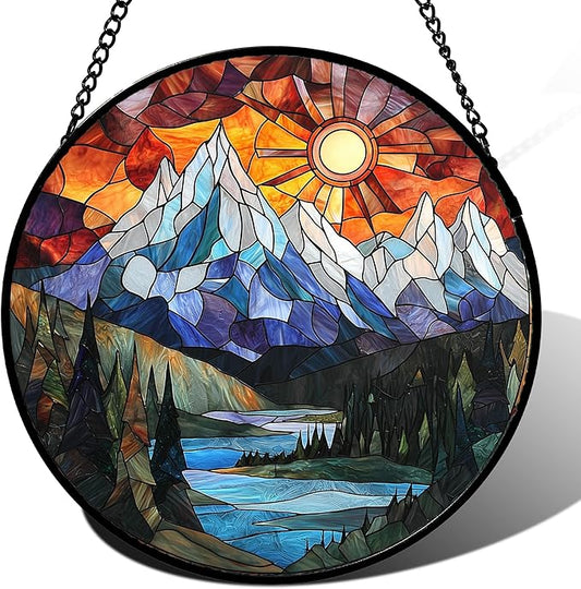 Stained Glass Window Hanging - Colorful Mountain Lake Landscape Sun Catcher for Door Garden Home Decor Suncatcher Christmas Mother's Day Birthday Gifts for Women Men Mom Nana 9.8 in