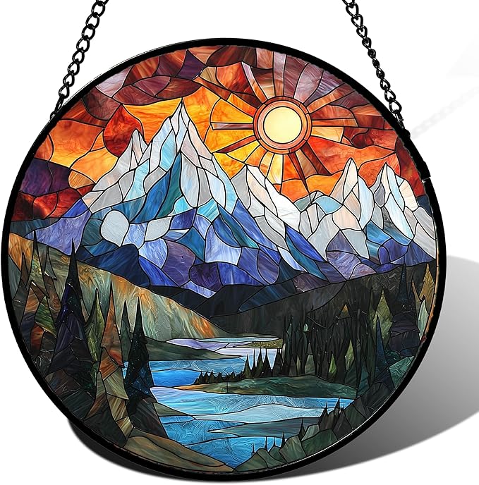 Stained Glass Window Hanging - Colorful Mountain Lake Landscape Sun Catcher for Door Garden Home Decor Suncatcher Christmas Mother's Day Birthday Gifts for Women Men Mom Nana 6.3 in
