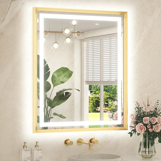 TETOTE Led Bathroom Mirror 30 x 36 with Brushed Gold Frame Anti-Fog Frontlit & Backlit Vanity Mirror Stepless Dimmable Lighted Mirrors for Bathroom Wall 3 Colors White/Warm/Natural Wall-Mounted