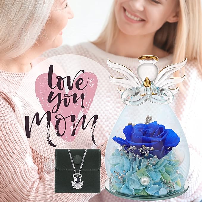 ANLUNOB Preserved Rose Birthday Gifts for Women Mom Grandma Wife, Glass Angel Figurines Gifts with Pretty Dark Blue Flowers for Anniversary Wedding