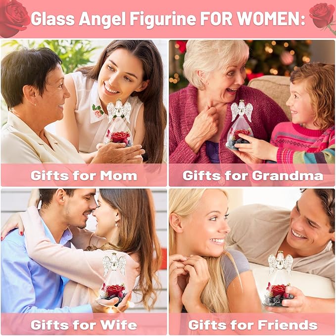 Yamonic Mom Birthday Gifts for Moms, Angel Figurines with Real Rose Gifts for Her Mother Grandma, Preserved Flowers Rose Angel Figurines for Mothers Day Christmas Birthday Gifts for Women(Redgold)