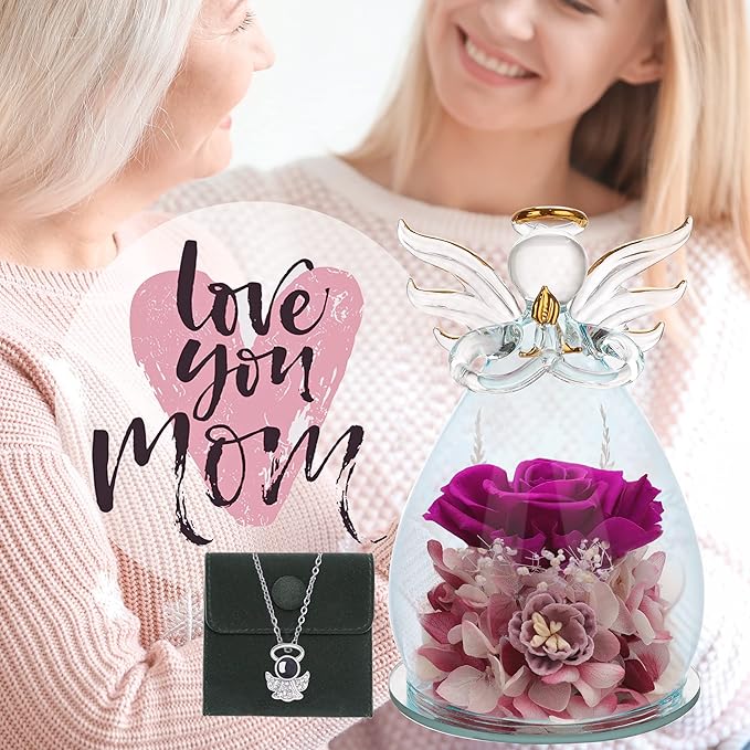 ANLUNOB Preserved Rose Birthday Gifts for Women Mom Grandma Wife, Glass Angel Figurines Gifts with Pretty Purple Flowers for Anniversary Wedding