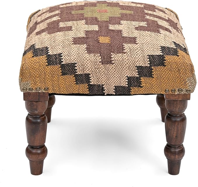 Handmade Jute Soft Ottomans Square Shape Stool for Sitting and Foot Rest with Wooden Legs, Entryway Modern Stool for Living Room, Bedroom, Hall (Yellow, L 15.74 x W 15.74 x H 14 inch)