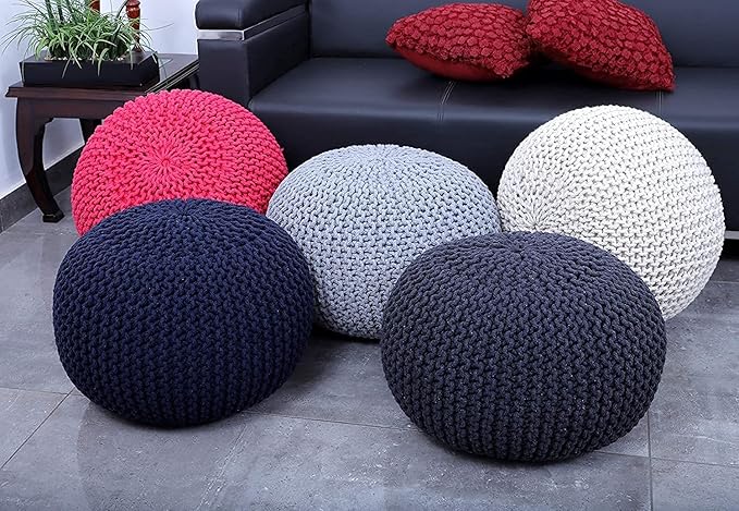 FRELISH DECOR Round Pouf Ottoman Hand Knitted 100% Cotton Pouf Foot Stool - Knitted Bean Bag - Floor Chair for Living Room Bedroom - Foot Rest for Couch (20 Diameter x 14 Height) - Dark Grey