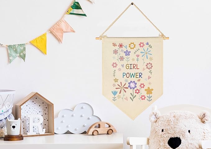 Girl Power Decor-Wildflower Print-Flag Sign Gifts for Baby Newborn Girls Kids-Banner Wall Decor Present for Nursery Bedroom Playroom Front Door-Baby Present Shower-New Home Birthday Christmas Gift