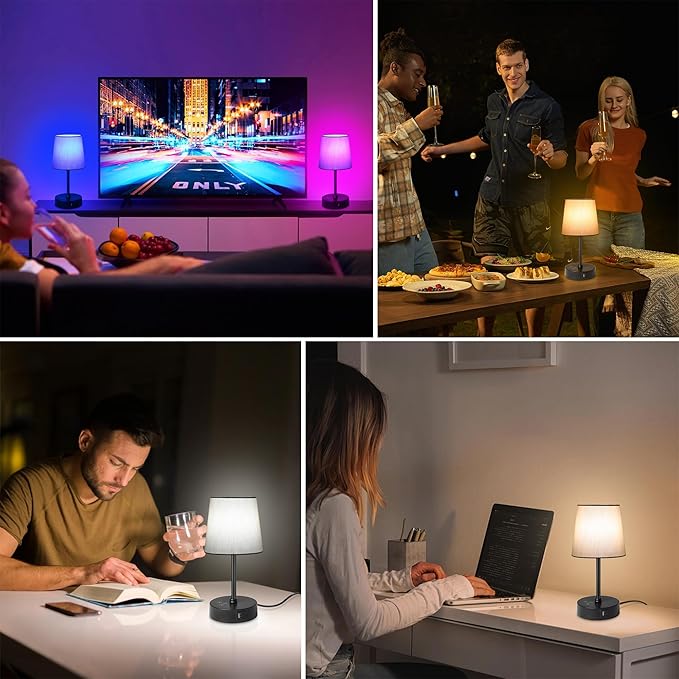 Ascher Small Bedside Table lamp Set of 2, RGB Color Changing Lamps, 3 Color Temperatures Nightstand Lamps with USB C and A Ports, Touch Dimmable Desk Lamp for Bedroom Living Room(Grey Shade)