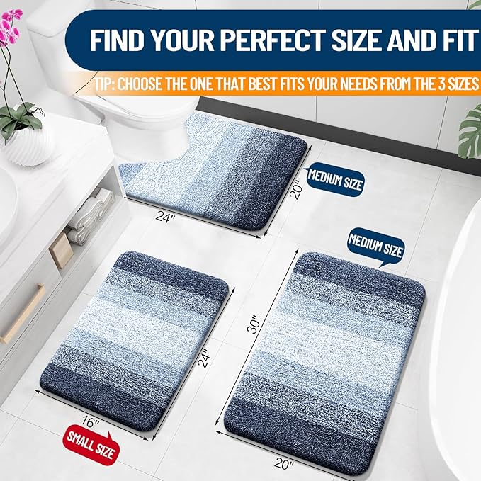 OLANLY Bathroom Rug Set 2 Piece, Soft Absorbent Microfiber Bath Mats and U-Shaped Contour Toilet Rug, Non-Slip, Machine Wash Dry, Plush Shaggy Bath Mats for Bathroom (30"x20"+24"x20", Dark Blue)