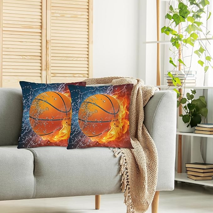 Swono Basketball Pack of 2 Decorative Throw Pillow Covers Cushion Covers, Sport Basketball Ball in Water and Fire Couch Pillow Case Boho Cushion Pillowcase for Bedroom Sofa Living Room 18X18 Inches