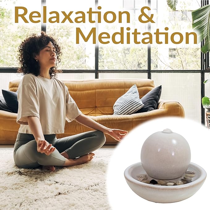 Sunnydaze Tabletop Ceramic Tabletop Fountain with Orb - Relaxing Indoor Fountain for Meditation - for Office, Bedroom, or Living Room - White