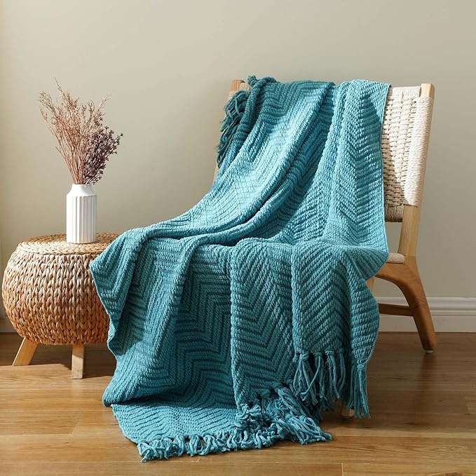 BATTILO HOME Teal Throw Blanket for Couch, Knit Woven Turquoise Blankets Versatile for Chair, Super Soft Warm Decorative Green Blanket with Tassels for Bed Sofa, 50"x60"