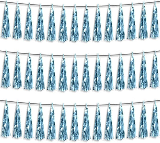 3P Light Blue Foil Fringe Metallic Tassel Streamers Banner Tassel Garland for Parade Floats, Bachelorette, Wedding, Birthday, Halloween, Christmas, Bridal/Baby Shower Party Decorations