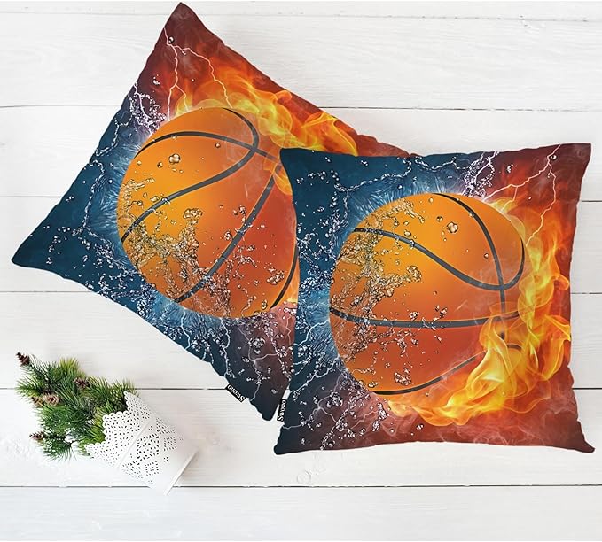 Swono Basketball Pack of 2 Decorative Throw Pillow Covers Cushion Covers, Sport Basketball Ball in Water and Fire Couch Pillow Case Boho Cushion Pillowcase for Bedroom Sofa Living Room 18X18 Inches