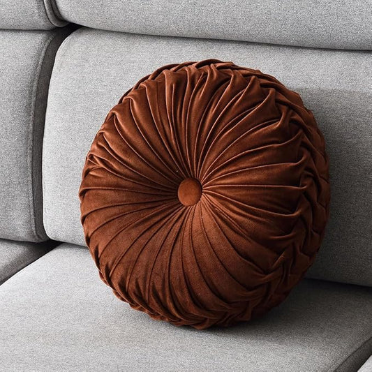 1 Pcs Round Throw Pillow Velvet Home Decoration Pleated 3D Pumpkin Pillow Cushion for Couch Chair Bed Car 14.17" (Dark Coffee)