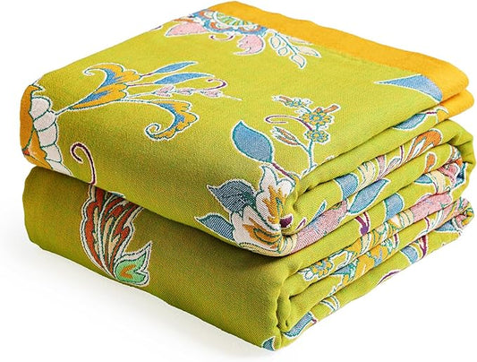 Boho Throw Blanket 60" x 80", 100% Organic Cotton Breathable Ultra Soft Bed Quilt Throw - All Season Luxury Floral Farmhouse Decor Blanket for Sofa Couch Chair and Gift. Green/Blue