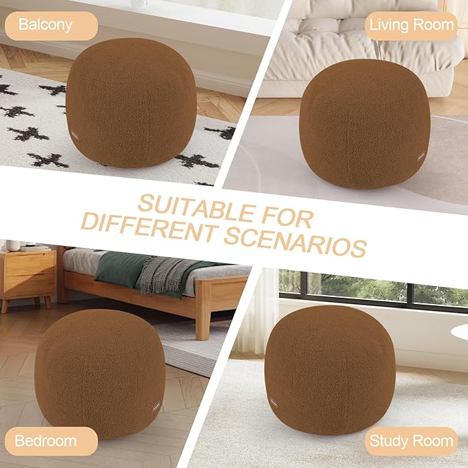 MeMoreCool Stuffed Round Pouf Ottoman Foot Rest, Floor Pouf Foot Stool with Soft Foam Chunk Filling, Small Round Ottoman Footstool Circle Footrest for Living Room, Light Coffee