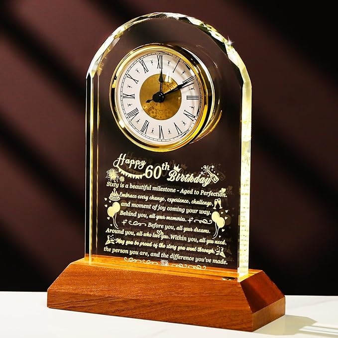 Happy 60th Birthday Glass Clock Gifts for Women, Men - 60 Year Old Birthday Gift with Wooden Light Base for Her Him, Turning 60 Quartz Clock Gift Idea for Mom Dad Unique Keepsake