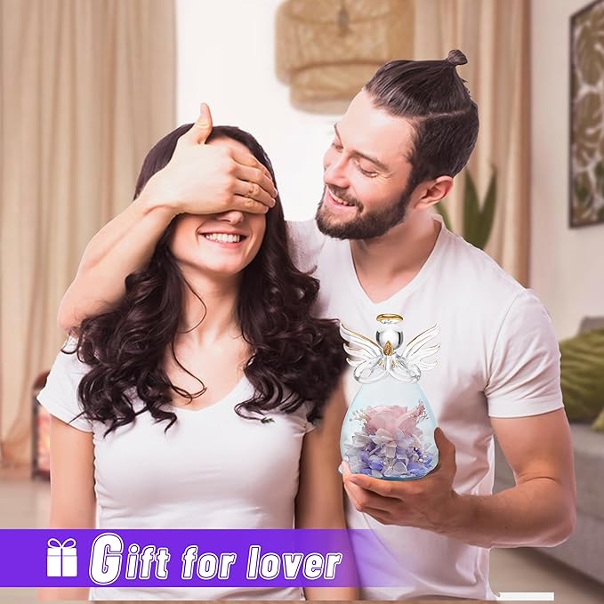 ANLUNOB Preserved Rose Birthday Gifts for Women Mom Grandma Wife, Glass Angel Figurines Gifts with Pretty Flesh Pink Flowers for Anniversary Wedding