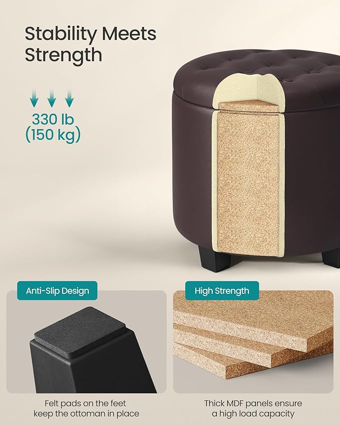 SONGMICS Round Ottoman, Ottoman with Storage, 17.7 x 17.7 x 17.5 Inches, Foot Rest with Legs, Synthetic Leather, Load up to 330 lb, for Living Room, Bedroom, Chestnut Brown ULOM014K01