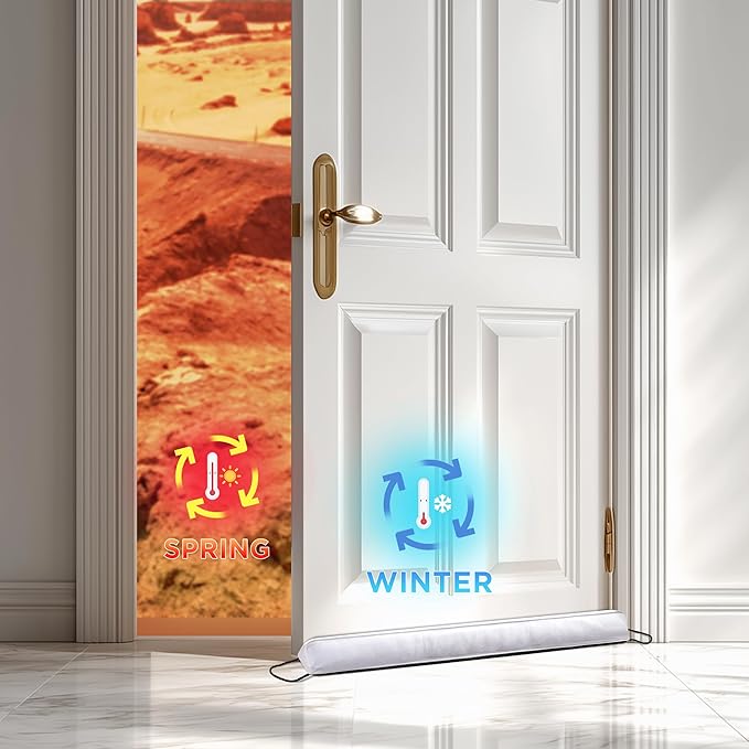 Sunolga 38 Inch Door Draft Stopper with Removable Cover for Gaps Up to 3 Inch, Machine Washable Noise and Air Blocker for Bottom of Door and Window, White