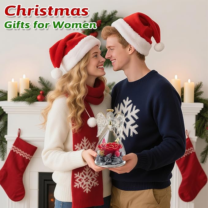 Yamonic Mom Birthday Gifts for Moms, Angel Figurines with Real Rose Gifts for Her Mother Grandma, Preserved Flowers Rose Angel Figurines for Mothers Day Christmas Birthday Gifts for Women(Redgold)