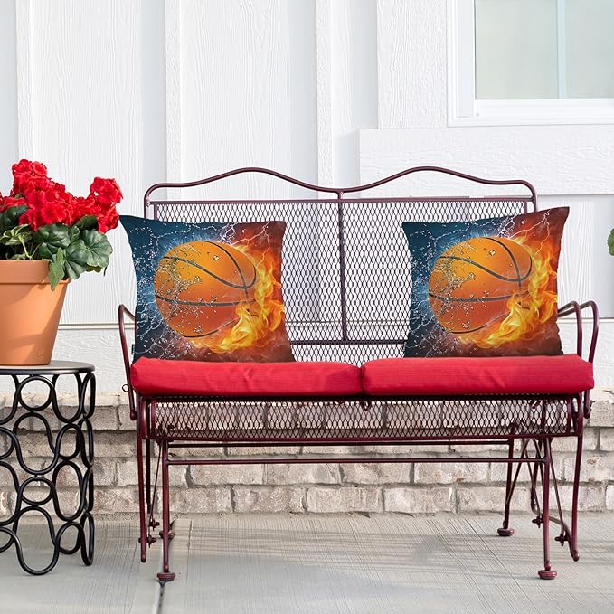 Swono Basketball Pack of 2 Decorative Throw Pillow Covers Cushion Covers, Sport Basketball Ball in Water and Fire Couch Pillow Case Boho Cushion Pillowcase for Bedroom Sofa Living Room 18X18 Inches