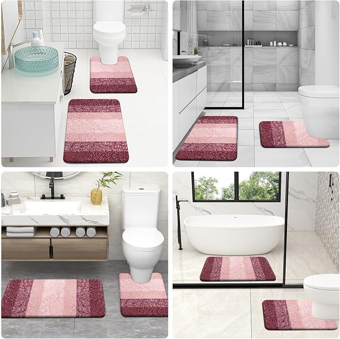 OLANLY Bathroom Rugs Sets 3 Piece, Soft Absorbent Microfiber Bath Mats and U-Shaped Contour Toilet Rug, Plush Shaggy Bath Mat Set for Bathroom (30"x20"+24"x16"+24"x20", Red)