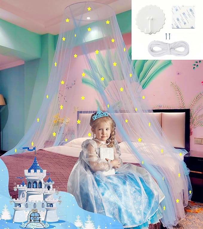 Eimilaly Two-Tone Bed Canopy Stars Glow in The Dark White Blue, Mosquito Net Bed Canopy for Girls Room Decor, Single Door