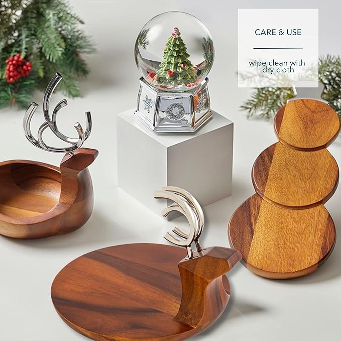 Nambé Holiday Reindeer Platter – Designer Acacia Wood Tray with Sculptural Silver Alloy Antler Spreaders, Elegant Christmas Serveware for Appetizers, Snacks, and Festive Charcuterie Displays