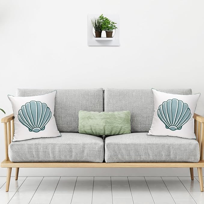 1 PCS Embroidered Throw Pillow Cover Cotton Decorative Square Cushion Cases for Home Sofa Bed and Chair 18 x 18 Inch (Blue Sea Shell-2)