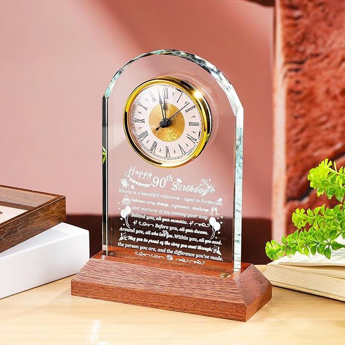 Happy 90th Birthday Glass Clock Gifts for Women, Men - 90 Year Old Birthday Gift with Wooden Light Base for Her Him, Turning 90 Quartz Clock Gift Idea for Mom Dad Unique Decoration