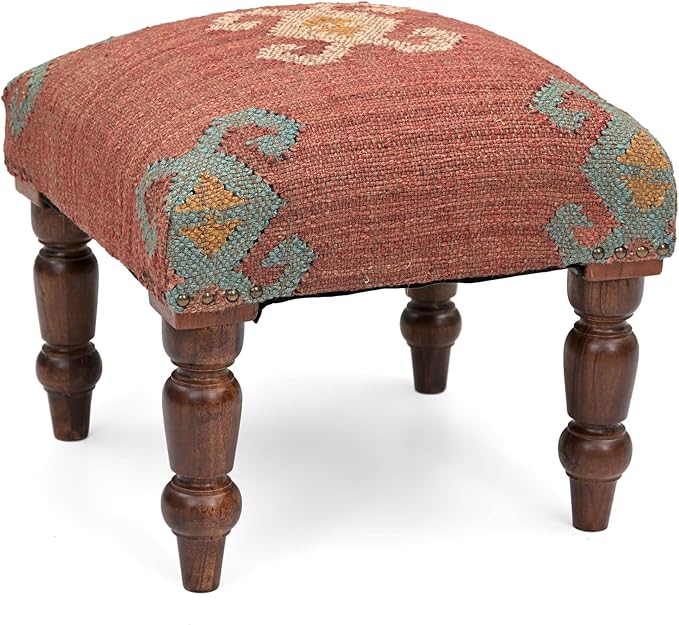 Handmade Jute Soft Ottomans Square Shape Stool for Sitting and Foot Rest with Wooden Legs, Entryway Modern Stool for Living Room, Bedroom, Hall (Red, L 15.74 x W 15.74 x H 14 inch)
