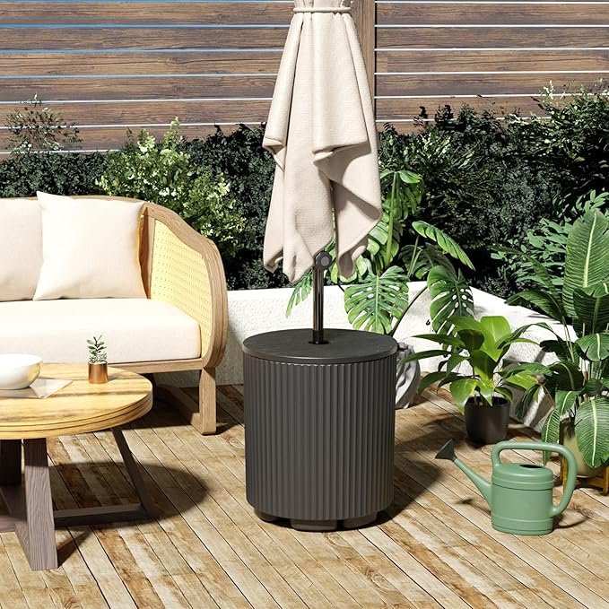 Outdoor Side Table with Umbrella Hole, Stylish Umbrella Base Outdoor Patio or Beach, Umbrella Stand Fits Up to 1.9" Pole, Patio Umbrella Base for Garden, Deck & Lawn, Black
