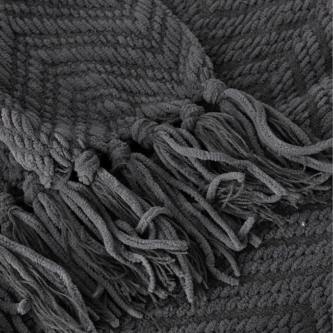 BATTILO HOME Dark Grey Throw Blanket for Couch, Knit Charcoal Throw Blanket Versatile for Chair, 50 x 60 Inch - Super Soft Warm Grey Blanket with Tassels for Bed, Sofa and Living Room