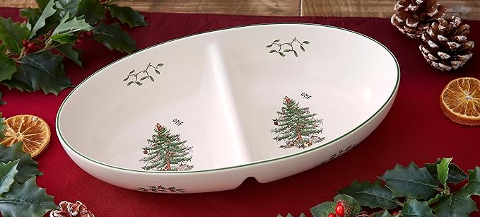 Spode Christmas Tree Divided Server, 9-Inch Round Festive Serveware, Holiday Entertaining Platter for Side Dishes, Dips, Salads - Fine Porcelain, Dishwasher & Microwave Safe, Christmas Tableware