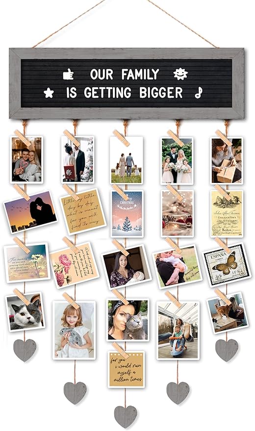 Buecasa Slotted Felt Letter Board with 340 Letters and 30 Clips - Rustic Picture Frames Collage Wall Decor Sign - Multi Photos Cards Organizer 15.7x5 Inches (Grey)