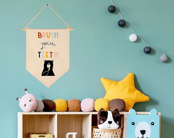 Brush Your Teeth - Bathroom Wall Decor for Kids- Bear Theme Decor- Children Learning Sign- Flag Decor Gift For Kids Boys Girls - Banner Wall Sign Gifts for Bathroom