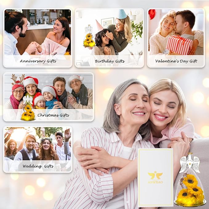 Christmas Sunflower Gifts for Women,Sunflowers Gifts for Mom Angels Figurines Sunflower Bouquet with Necklace, Light Up Sunflowers in Glass,Xmas Birthday Gifts for Her Mom Wife Girlfriend Sister