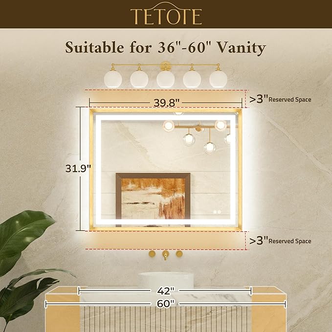 TETOTE 40 x 32 Led Mirror Brushed Gold Metal Frame Frontlit & Backlit Vanity Mirror Anti-Fog Stepless Dimmable 3 Colors White/Warm/Natural Wall Mirror with Lights Wall-Mounted